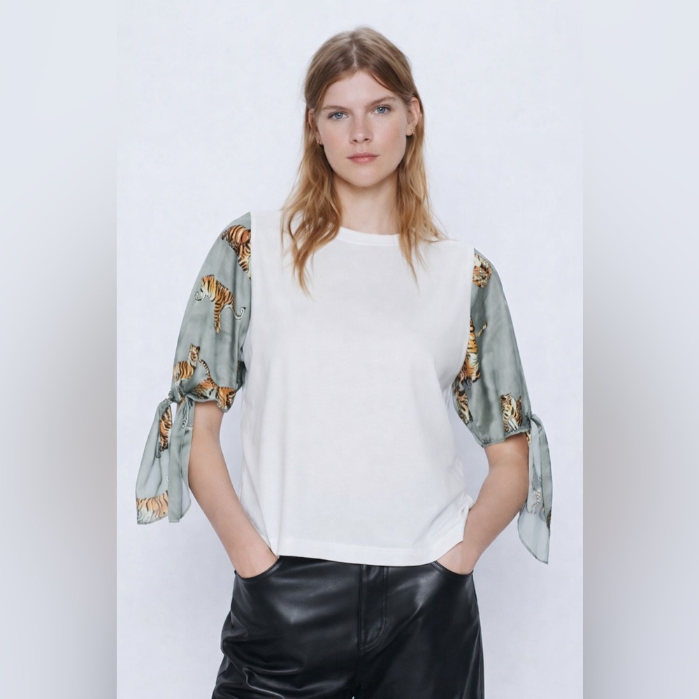 Zara White Top with Tiger Print Tie Sleeves – Size M